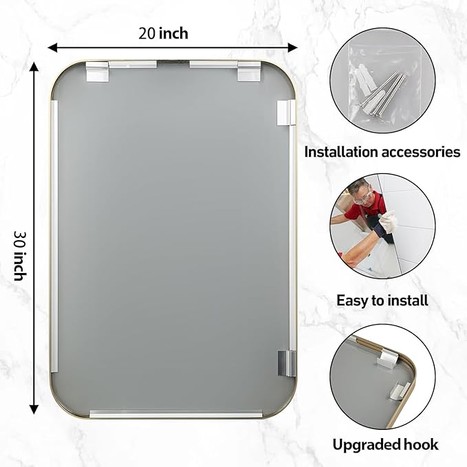 20x30 Inch Gold Bathroom Mirror, Brushed Gold Metal Framed Rectangular Mirror with Rounded Corner, Bathroom Vanity Mirror for Bedroom or Living Room, Horizontal/Vertical