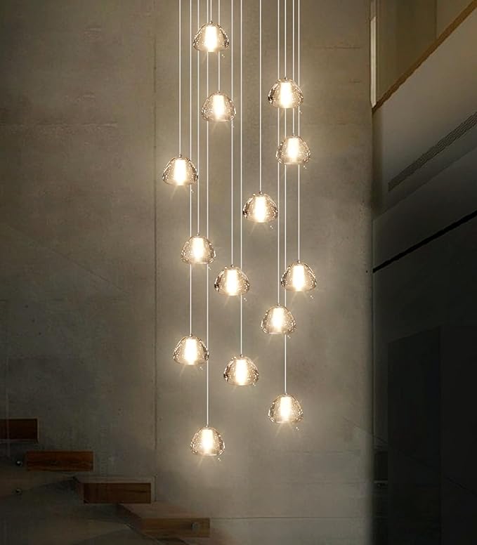 14-Light Modern Chandeliers for Entrance High Ceiling Chandelier Long Lights Fixture LED Ceiling Light Bubble Crystal for Hallway Foyer Stairwell