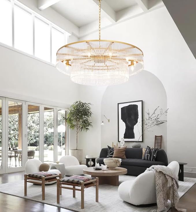 Modern Glass Chandelier Gold Chandeliers for High Ceiling Foyer Entryway Hanging Large Light Fixture for Grand Living Room Hall 39"