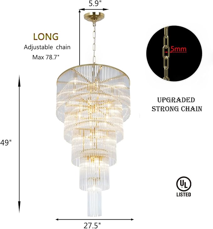 Large Chandelier for High Ceiling 5-Tier Long Brass Crystal Glass Chandelier Modern Chandelier Hanging Pendant Light Fixture for Entry Stairway Staircase Hall Foyer Living Room H49