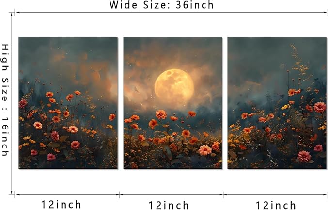 3 pcs Full Moon Floral Canvas Wall Art Moonlit Pine Tree and Wildflowers Woodland Nature Landscape Picture Wall Decor Poster Print Artwork for Bedroom Living Room Home Decoration-12 x16 x3pcs