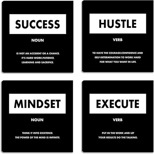 Motivational Wall Art Inspirational Office Wall Decor for Living Room Bedroom Black Decorate Wall Painting Picture Mindset Canvas Posters Prints Framed Art Work Decoration - 12"x12"x4PCS