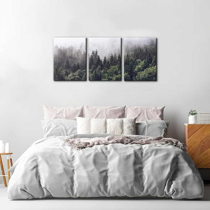 Pacimo Canvas Wall Art Fog Over Pine Tree Forest Nature Wilderness Photography Modern Art Rustic Landscape Relax/Calm Cool for Wall Decor Giclee Artwork Stretch Framed Ready to Hang - 12"x16"x3