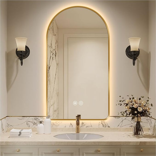 36"L x 30"W Arched LED Bathroom Mirror, Brushed Gold Frame, Backlit Vanity Mirror with Lights, Wall Mounted Lighted Mirror, Dimmable 3-Color Shatter-Proof Arch Smart Mirror, UL-Listed, CRI≥93