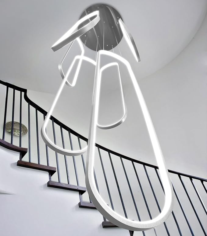 Modern Large Chandelier for Foyer 6 Rings LED Dimmable Silver Chandeliers High Ceiling Chandelier for Staircase Living Room Villa Sliver