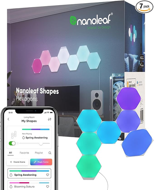 Nanoleaf Shapes LED Wall Lights, RGBW Smart Wall Panels with 16M+ Color, Compatible with Alexa & Google Assistant, Music Sync, DIY Gaming Light for Home Decor (Hexagons Smarter Kit 7 Pack)