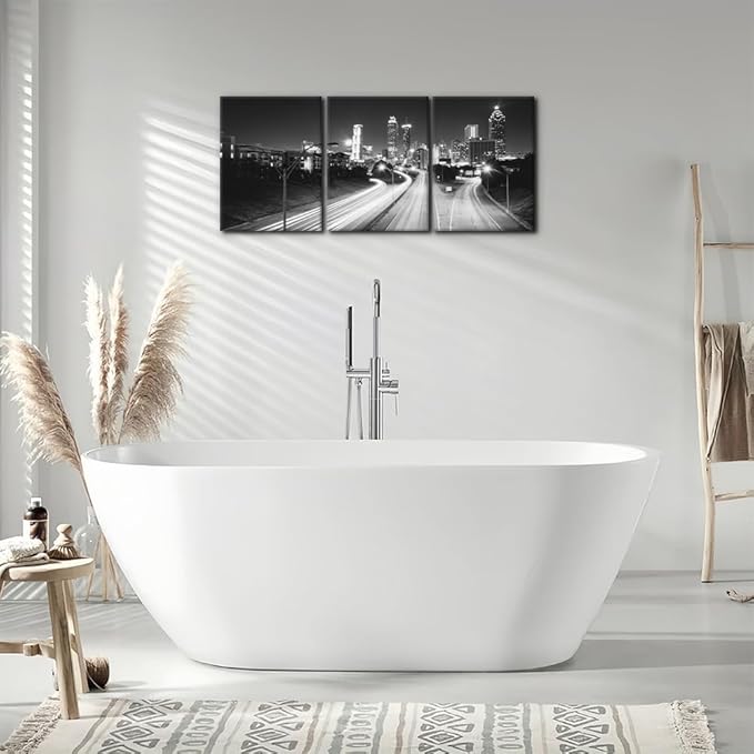 Pacimo Atlanta Night View Canvas Wall Art, Set of 3 Framed Painting Prints, Jackson Street City Skyline Pictures Modern Wall Decor for Living Room Bedroom Office Ready to Hang - 12"x16"x3 Panels