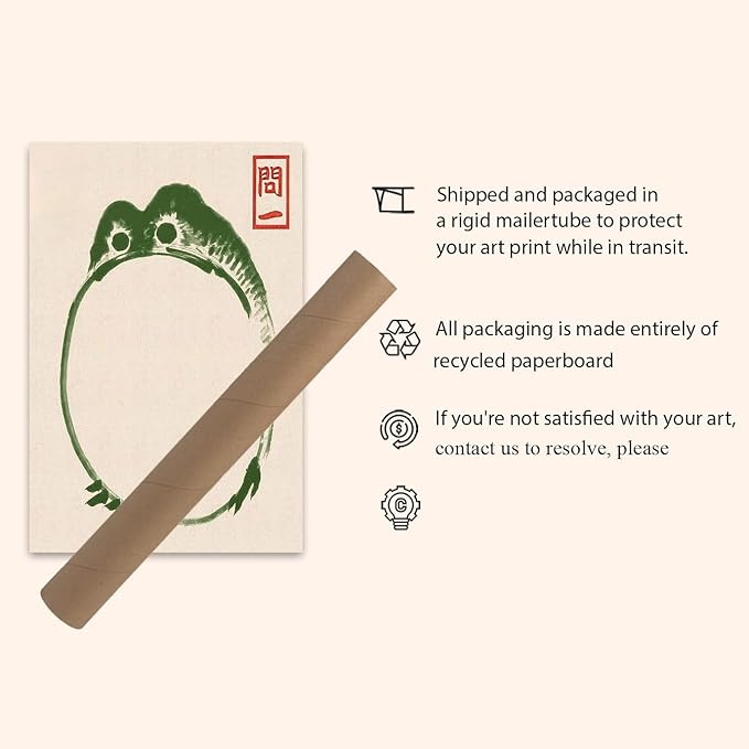 OZCONO Japanese Frog Art Print, Traditional Minimalist Green Ink Unframed Wall Art (18L x 12W)