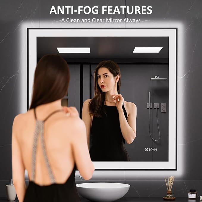 LOAAO 40"X38" LED Bathroom Mirror Black Framed, Anti-Fog, Dimmable, Lighted Bathroom Vanity Mirror for Wall, Memory Function, Tempered Glass
