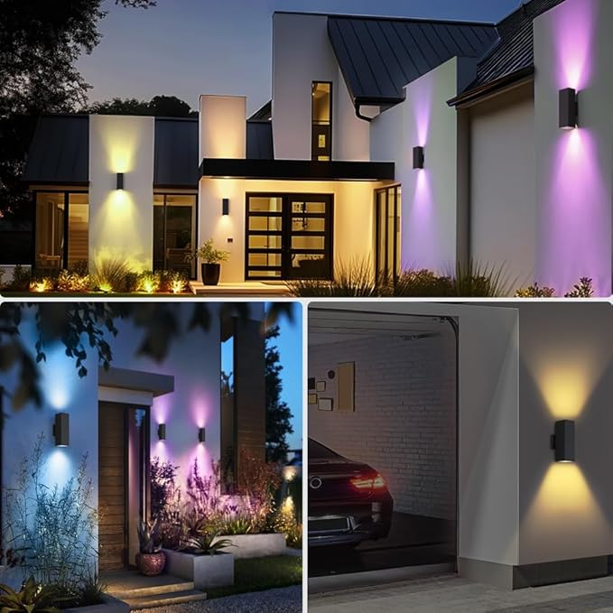 KIZON Smart Porch Lights 2 Pack, Modern Dusk to Dawn Exterior Lighting Fixtures Color Changing App Control with Remote, Dimmable RGB Outdoor Wall Lights for House Patio Garage Theater, ETL Listed