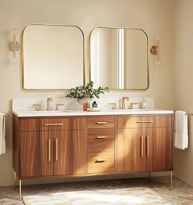 ANDY STAR 36x30'' Brushed Brass Arched Mirror, Modern Arched Mantel Rectangular Mirror Rounded Corner for Fireplace, Bathroom, Powder Room in 1 inch Anti-Rust SUS304 Tube Metal Frame Wall Mounted