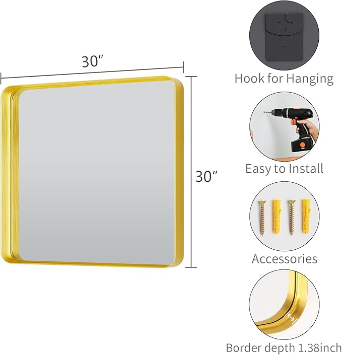 Koonmi Gold Wall Mirror for Bathroom, 30x30 Inch Matte Deep Framed Rounded Rectangle Vanity Mirror for Farmhouse Living Room, Tempered Glass, Anti-Rust, Vertically or Horizontally