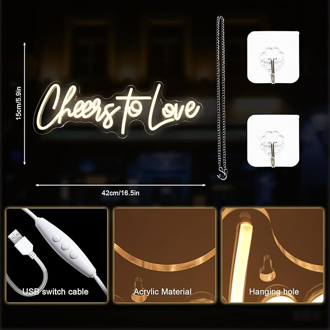 Lucunstar Cheers to Love Neon Sign Wedding Neon Sign Led Lights for Room Warm White Wall Decor Light Sign for Wedding USB Powered Sign Decor 16.5"X5.9"
