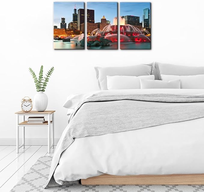 Pacimo Canvas Wall Art for Bedroom - Buckingham Fountain Painting Prints Chicago Cityscape Wall Decor Skyline Modern Artwork Home Decor Stretched and Framed Ready to Hang - 16"x24"x3 Panels