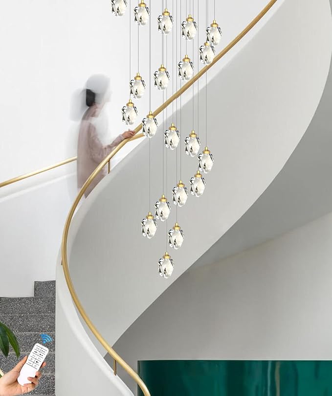 Large High Ceilings Chandeliers Modern Long Crystal Spiral Chandeliers,K9 Crystal Drop Chandelier for Staircase Foyer Entryway 20 Lights Gold D28XH135inch