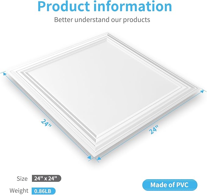 Art3d 24-Pack Drop Relief Ceiling Tiles for Home, Office & Commercial Space, 24 x 24in PVC Waterproof 3D Wall Panels Cover 96 Sq. Ft, White
