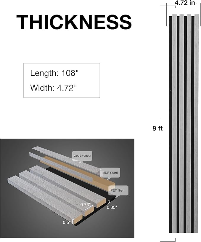 NeatiEase Wood Wall Panels, 9 Feet Acoustic Slat Wall Panels for Interior Wall Decor and Noise Reduction, Decorative Slat Wall Paneling, Gray Oak, 4-Piece