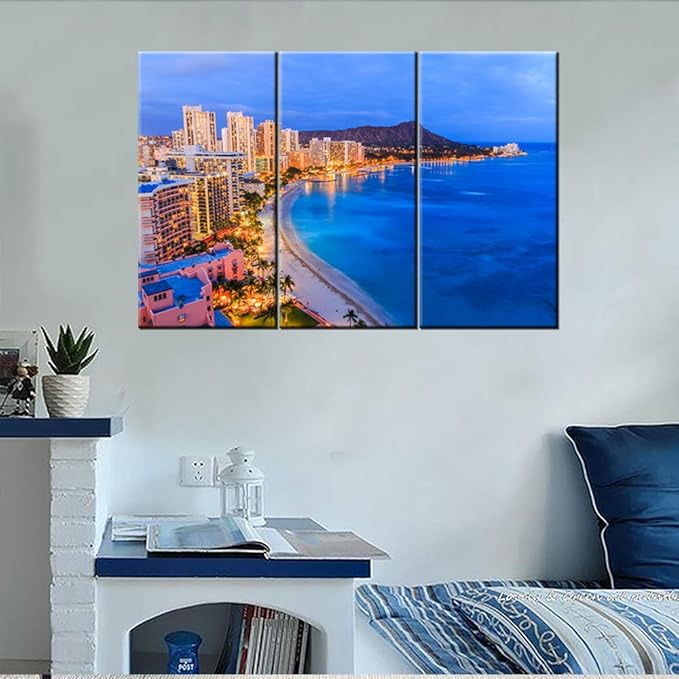 3 Pieces Skyline of Honolulu Canvas Print Wall Art Painting Sunrise from Diamond Head volcano Hawaii Landscape Picture Modern Giclee Stretched Framed Artwork Living Room - 24'' x 12'' x 3 Panels