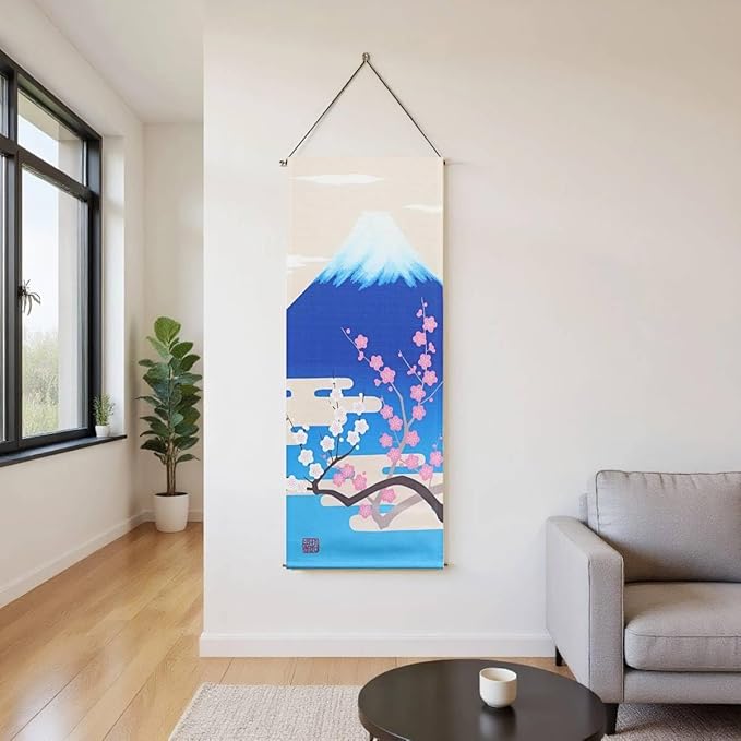 Japanese Tapestry Wall Art Scroll Feng Shui & Lucky Symbols | W15.7xH47.2", Extra Long Vertical Hanging Decor for Bedroom, Living Room, Office Zen Design Mount Fuji and cherry blossoms CTT-15