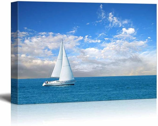 Canvas Prints Wall Art Beautiful Seascape White Sail Boat on The Blue Calm Sea Modern Wall Decor/Home Decoration Stretched Gallery Canvas Wrap Giclee Print & Ready to Hang - 16" x 24"