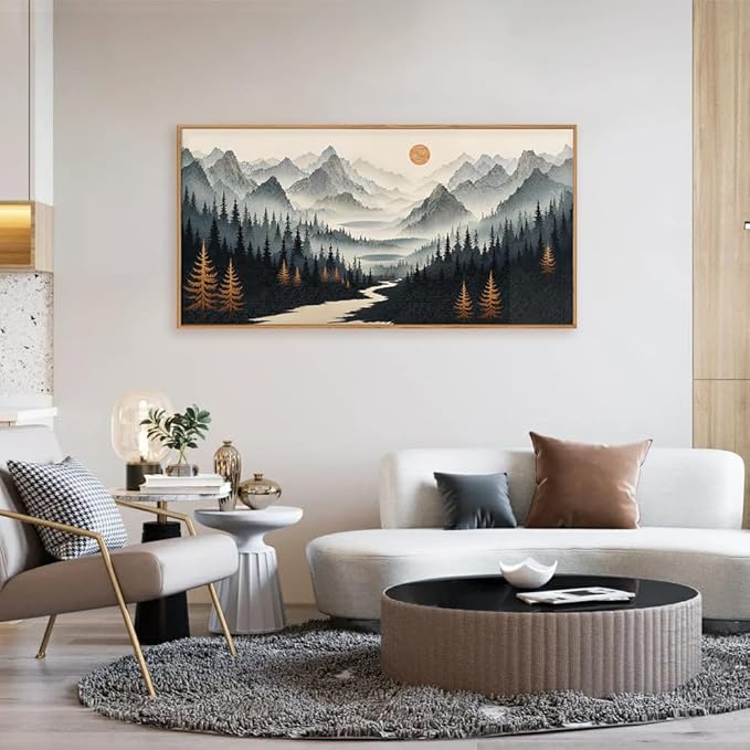 Ausril Watercolor Misty Forest Framed Canvas Wall Art Set, Foggy Mountain Wall Decor, Misty Pine Tree Wall Painting, Large Nature Landscape Art Prints for Living Room, Bedroom, Office - 20"X40"