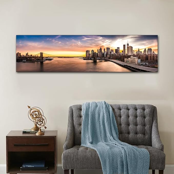 New York Cityscape Wall Art Painting on Canvas Brooklyn Bridge Panorama at Sunset Bedroom Wall Art Modern Home Decor House Decorations for Living Room Bathroom Pictures Framed Ready to Hang 12x46 Inch