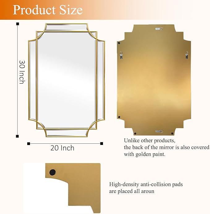 20x30 inch Beveled Gold Mirror for Wall, Gold Traditional Art Decorative Mirror Home Decor for Bathroom Living Room Bedroom Kitchen Entrance