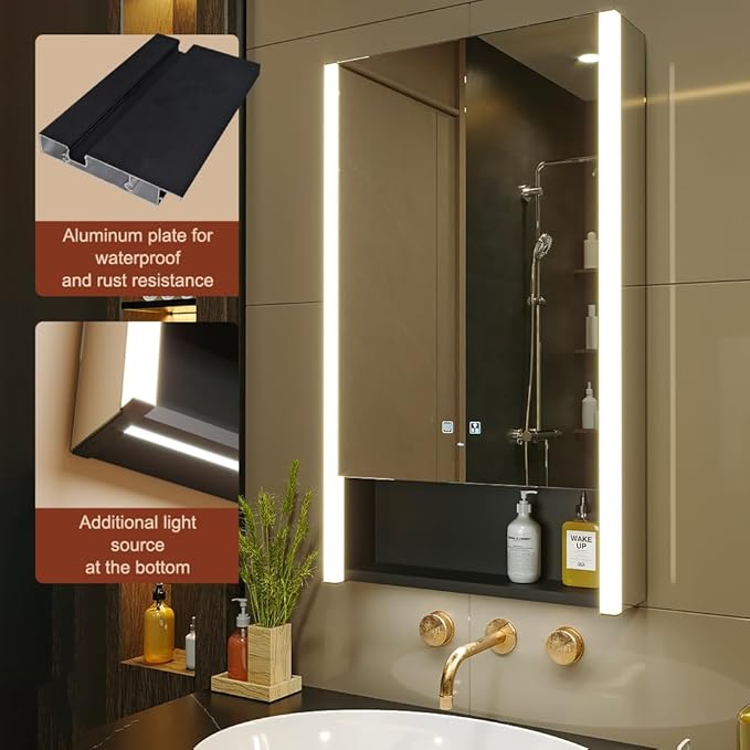 KWW LED Lighted Bathroom Medicine Cabinet with Sockets & USBs, Defogger, Dimmable, 3 Color Light Makeup Mirror, Easy to Install, Wall Mounted Cabinet (Left Hinge, 21 * 34)