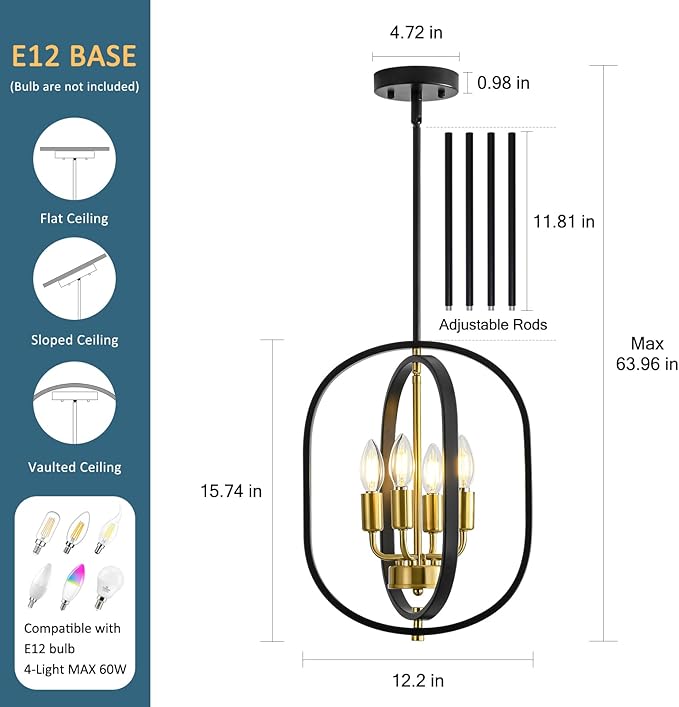 12.2'' Black and Gold Farmhouse Chandelier 4 Light Fixture for Dining Room, Kitchen Island & Entryway, Adjustable Industrial Rustic Geometric Hanging Chandelier for Living Room, Foyer, Hallway