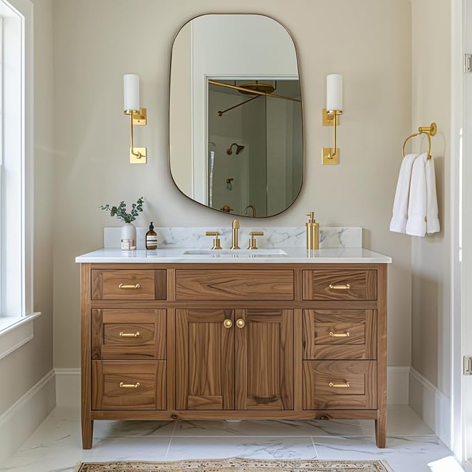 ANDY STAR Gold Bathroom Mirror, 24"x32" Brushed Brass Asymmetrical Wall Mirror in Stainless Steel Metal Frame, Unique Vanity Mirror with Modern Curved Design, Ideal for Bathroom, Bedroom, Entryway