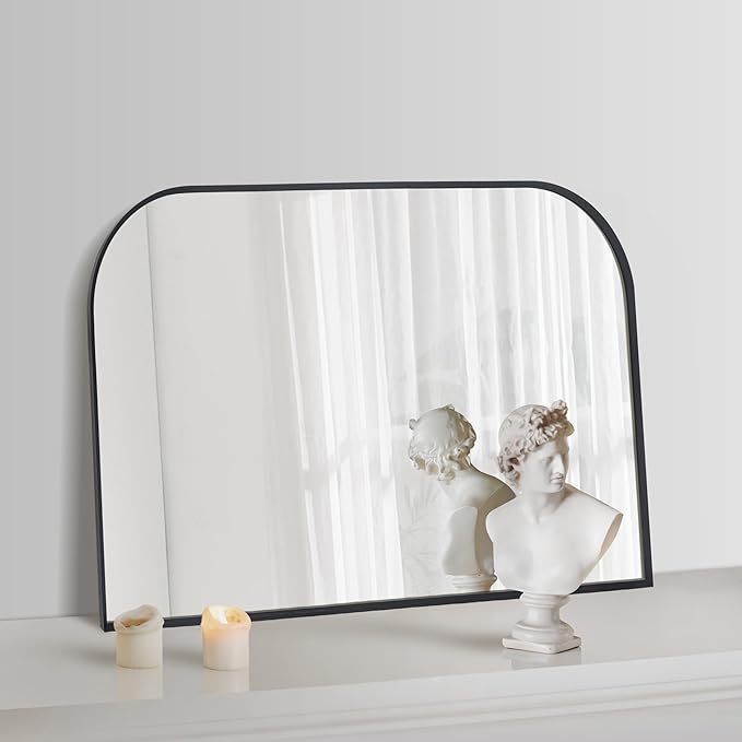 Black Wall Mirror 30" x 20", Modern Mantel Minimalist Home Decor, Brushed Black Metal Framed Arched Mirror for Living Room, Bedroom, Fireplace, Mantle, Entryway, Bathroom