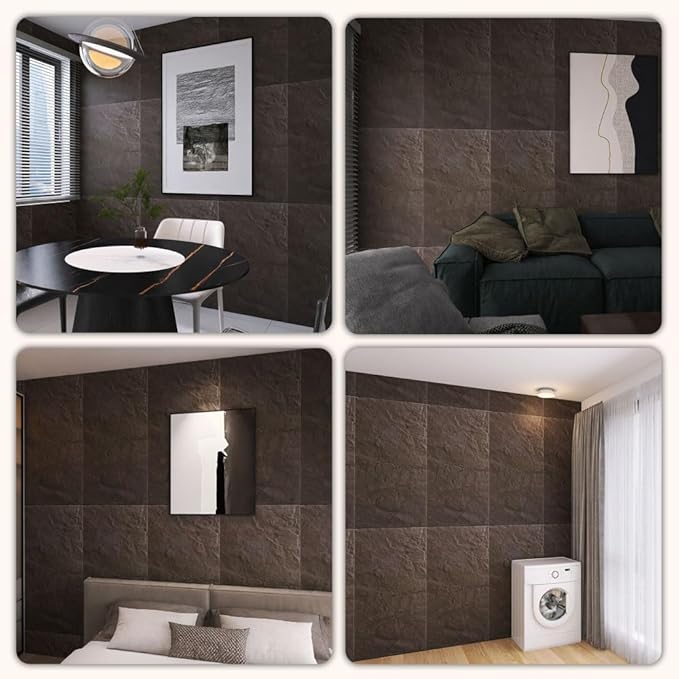 Modern 3D Wall Panels - Faux Stone Look, Waterproof PU Wainscoting for Interior Wall Decor - 4 Pack, 43.31 x 23.62 inches (Color Black Stone)