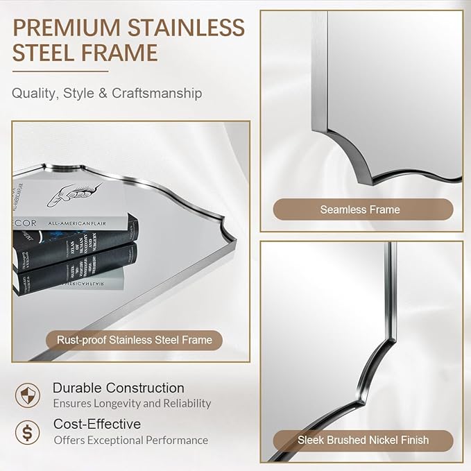 ANDY STAR Brushed Nickel Mirror, 24x32 Inch Unique Mirror for Bathroom, Silver Bathroom Vanity Mirror, Modern Curved Design, Rust-Proof Stainless Steel Metal Frame