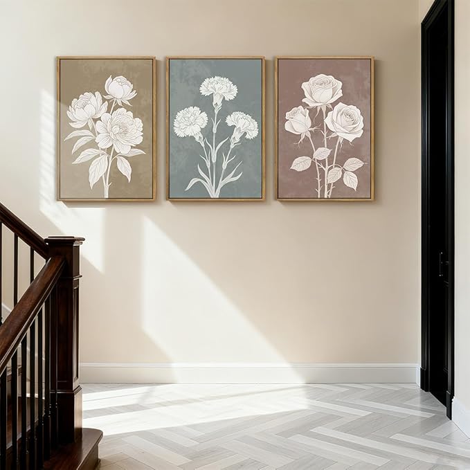 BINCUE Extra Large Neutral Botanical Wall Art Decor Floral Painting Flower Print for Living Room Bedroom Bathroom Dining Room 24" Lx36 W 3 Piece