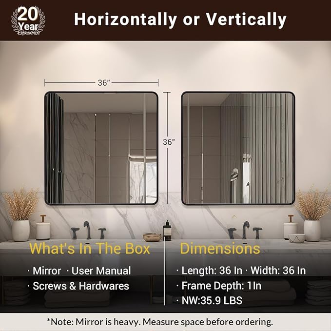 ANDY STAR 36X36 Inch Square Black Bathroom Mirror, Matte Black Vanity Mirrors for Wall, Rounded Square Mirror for Bathroom, Seamless Tube Metal Frame, 1’’ Deep Wall Mounted Vertical/Horizontal