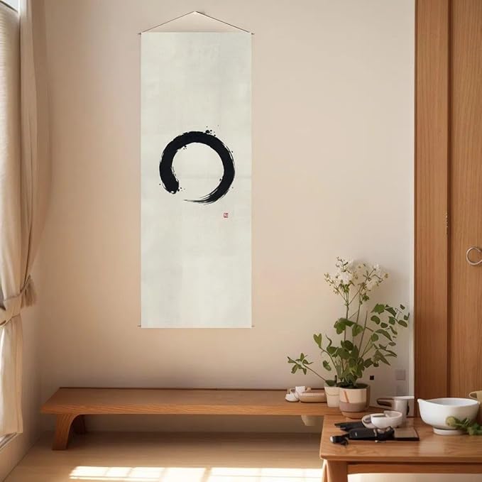 Japanese Tapestry Wall Art Scroll - Feng Shui & Lucky Symbols | W15.7xH47.2", Extra Long Vertical Hanging Decor for Bedroom, Living Room, Office | Zen Design (Enso-Circle) CTT-134