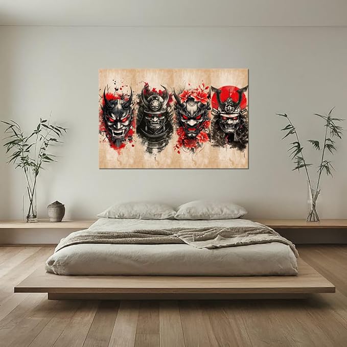 Japanese Samurai Wall Decor Bushido Wall Art Red and Black Canvas Pictures for Japan Theme Restaurant Tavern Hotels Bedroom Living Room Office Bathroom Asian Artwork Prints Framed