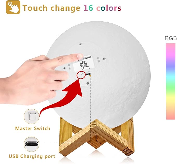 LOGROTATE Moon Lamp 16 Colors, Dimmable, Rechargeable Lunar Night Light (5.9 inch) Full Set with Wooden Stand, Remote & Touch Control - Cool Nursery Decor for Baby Kids Bedroom, Birthday Day Gifts