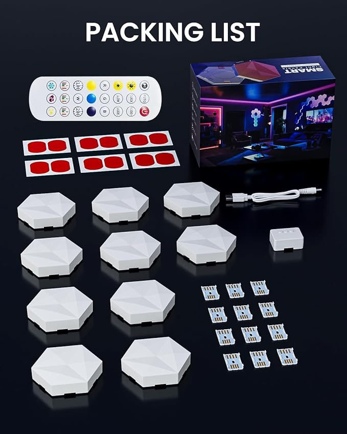 10 Pack Smart Hexagon Light Panels, 55mm RGBIC Color Changing with App & Remote, Music Sync for Gaming Room/Party Decor