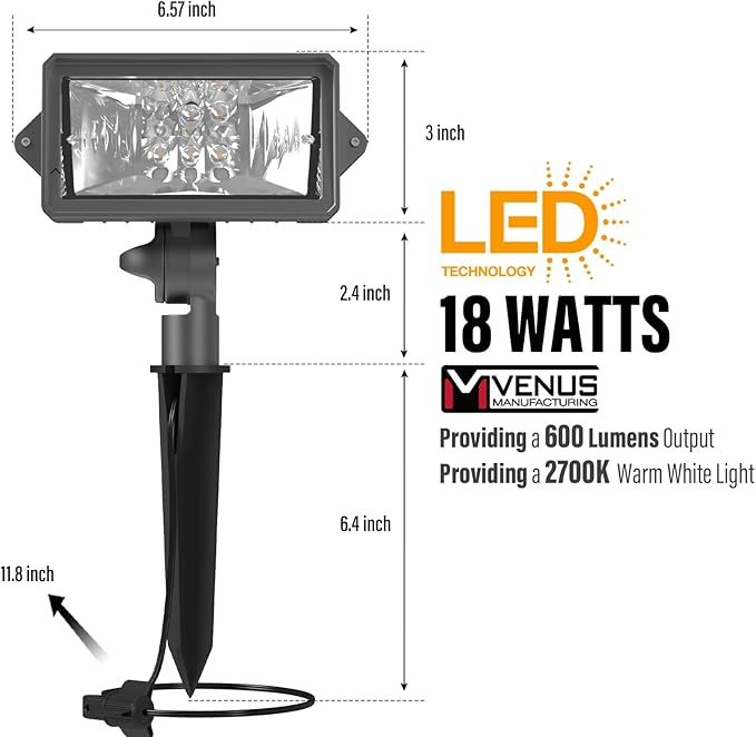 VENUS MANUFACTURING 2 Pack Low Voltage Wall Wash Lights 12V LED Landscape Lighting 18 Watt 600 Lumen Flag Light 2700K Warm White Metal Outdoor Spotlight Black Trees Light for Garden & Yard