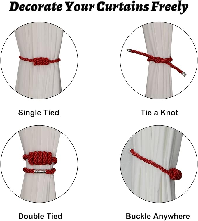 BEL AVENIR Magnetic Curtain Tiebacks, Decorative Drapery Holdbacks Modern Woven Tie-Backs with Exquisite Knot (Red, 4 Pack)