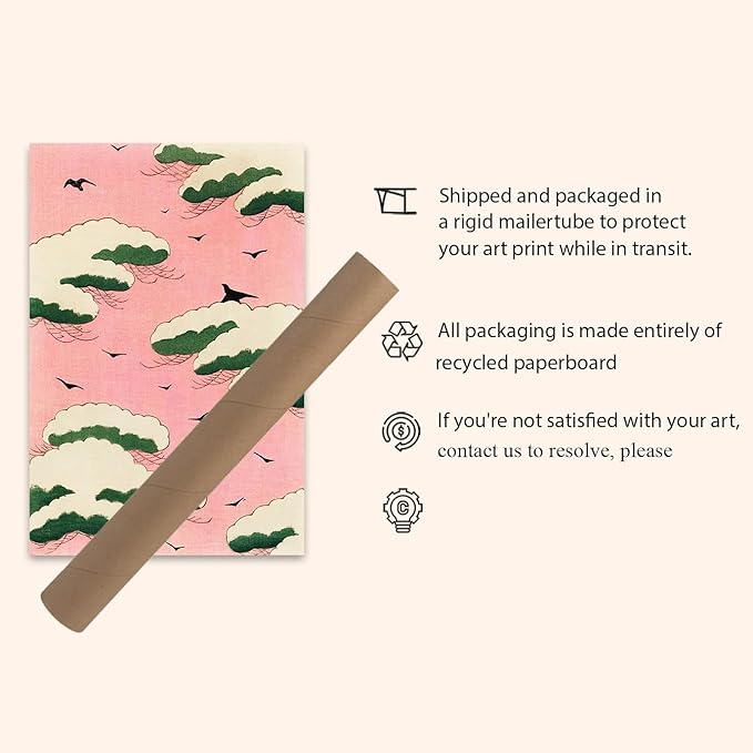 OZCONO Japanese Art Wall Print, Pink Sky with Birds and Trees, Vintage Style Minimalist Decor (36L x 24W)