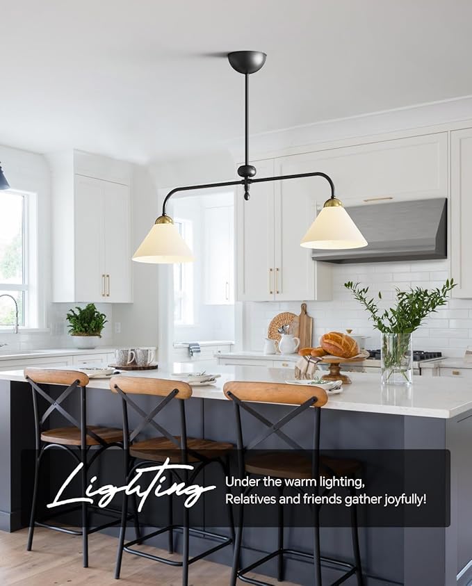 Linear Chandelier, Modern Chandelier for Dining Room Light Fixture, Dining Light Fixtures with Milk Glass Shade Pendant Lights Kitchen Island for Restaurant, Living Room (Black, 2-Lights)