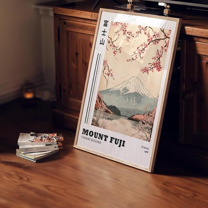 Mount Fuji Poster, Traditional Japanese Wall Art Print with Cherry Blossoms, Japandi Style Asian Home Decor, Fujisan Landscape Artwork for Bedroom or Living Room (Unframed) (9x11)