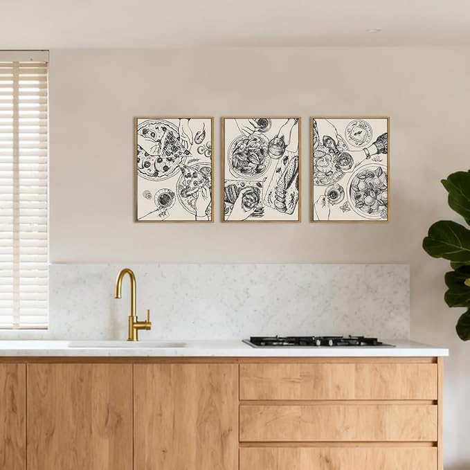 BINCUE Food Wood Wall Art Modern Cheers Kitchen Wall Decor Abstract Friends Party Artwork for Kitchen Dining Room Living Room 12" Lx16 W Set of 3