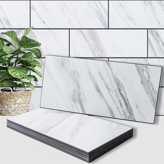 AULIGET 2-Piece White Marble Peel and Stick Backsplash Wall Tiles, 6" x 12" PVC Faux Stone Stick on Tiles for Backsplash Kitchen, Bathroom, Laundry Room, Camper, Fireplace