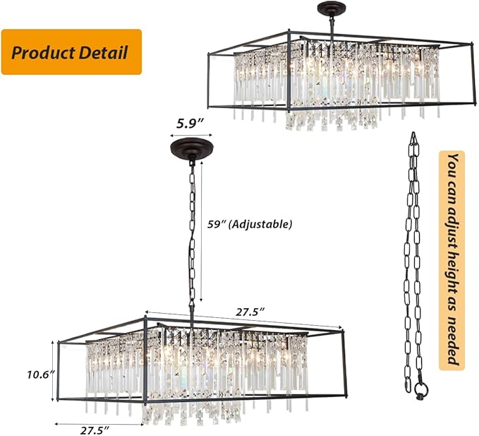 27.5 inch Modern Crystal Chandelier for Dining Room,Black Square Farmhouse Industrial Pendant 8 Lights for Kitchen Island Bar Living Room Hallway Entryway