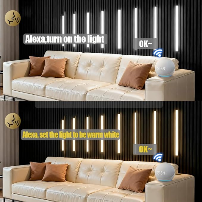 12Pcs 15‘’ Linkable CCT COB Recessed LED Light Bar Kit,2700K~6500K,with Rechargeable RF & Alexa Voice Control,for Wood Slat Wall Panel,Home Decor,Under Cabinet Strip Light,Silver Channel