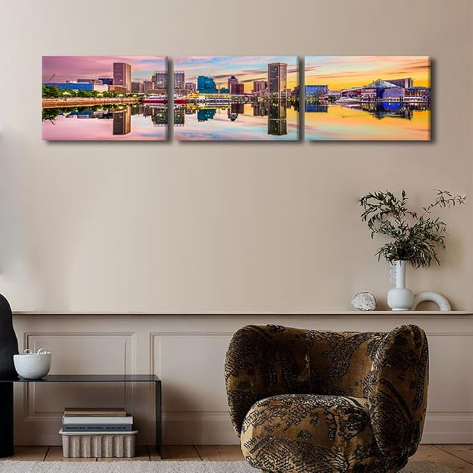 Canvas Wall Art for Living Room Baltimore Maryland Modern Home Decor USA Skyline on the Inner Harbor HD Printed Posters for Bedroom Office Wall Art Painting Bathroom Pictures Ready to Hang 14x60 Inch