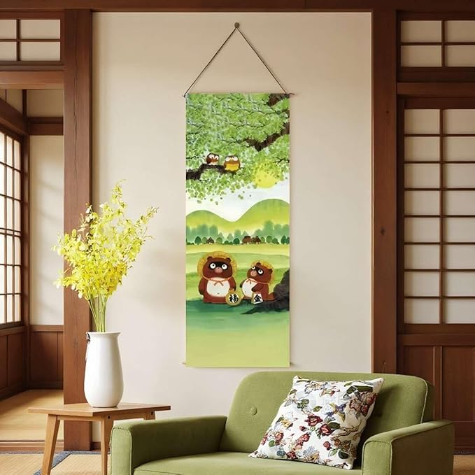 Japanese Tapestry Wall Art - Good Fortune Feng Shui & Lucky Symbols | W15.7xH47.2", Extra Long Vertical Hanging Decor for Bedroom, Living Room, Office | Washable Fabric (Lucky Raccoon) CTT-135